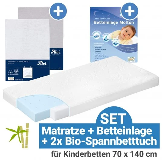 Alvi 4-tlg. Matratzen-Set für Kinderbetten 70 x 140 cm / Babymatratze Bamboo + Betteinlage + 2 Spannbetttücher 1 Alvi 4-tlg. Matratzen-Set für Kinderbetten 70 x 140 cm / Babymatratze Bamboo + Betteinlage + 2 Spannbetttücher