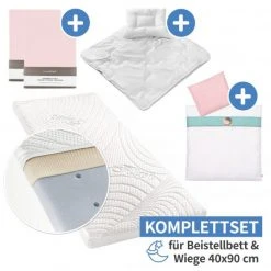 Alvi 7-tlg. Komplett-Set für Beistellbett & Wiege 90x40 cm / Matratze + Spannbetttücher + Steppbett-Set + Bettwäsche - Bär Bruno - Rosa