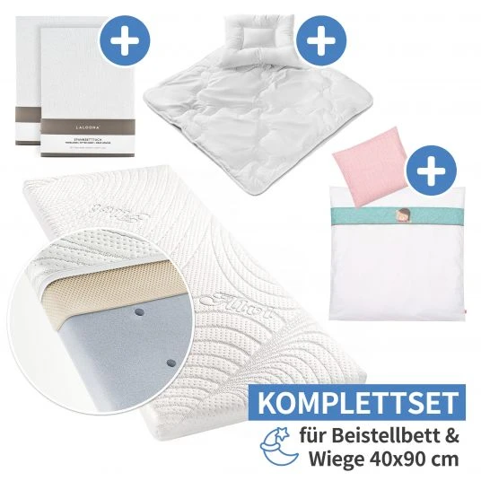 Alvi 7-tlg. Komplett-Set für Beistellbett & Wiege 90x40 cm / Matratze + Spannbetttücher + Steppbett-Set + Bettwäsche - Bär Bruno - Weiß 1 Alvi 7-tlg. Komplett-Set für Beistellbett & Wiege 90x40 cm / Matratze + Spannbetttücher + Steppbett-Set + Bettwäsche - Bär Bruno - Weiß