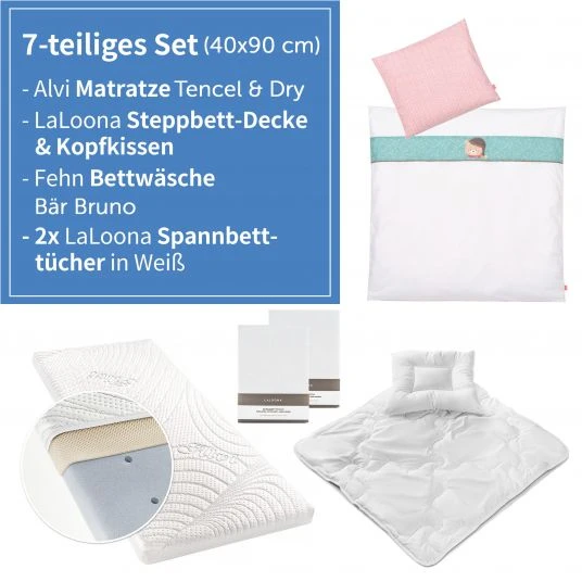 Alvi 7-tlg. Komplett-Set für Beistellbett & Wiege 90x40 cm / Matratze + Spannbetttücher + Steppbett-Set + Bettwäsche - Bär Bruno - Weiß 2 Alvi 7-tlg. Komplett-Set für Beistellbett & Wiege 90x40 cm / Matratze + Spannbetttücher + Steppbett-Set + Bettwäsche - Bär Bruno - Weiß – Bild 2