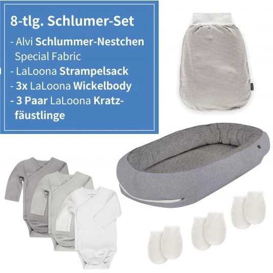 Alvi 8-tlg. Schlummer-Set - Nestchen + 3 Bodys + Strampelsack + 3 Kratzfäustlinge - Grau Weiß 2 Alvi 8-tlg. Schlummer-Set - Nestchen + 3 Bodys + Strampelsack + 3 Kratzfäustlinge - Grau Weiß – Bild 2