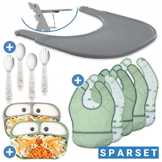 Hauck 12-tlg. Esslern-Set für Alpha Plus - Essbrett Click Tray + 2x Teller + 2x Besteck + 5x Klettlätzchen - Grau Salbei 1 Hauck 12-tlg. Esslern-Set für Alpha Plus - Essbrett Click Tray + 2x Teller + 2x Besteck + 5x Klettlätzchen - Grau Salbei