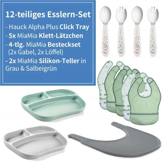 Hauck 12-tlg. Esslern-Set für Alpha Plus - Essbrett Click Tray + 2x Teller + 2x Besteck + 5x Klettlätzchen - Grau Salbei 2 Hauck 12-tlg. Esslern-Set für Alpha Plus - Essbrett Click Tray + 2x Teller + 2x Besteck + 5x Klettlätzchen - Grau Salbei – Bild 2