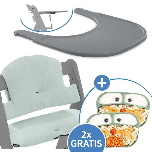Hauck 5-tlg. Essbrett-Set für Alpha Plus - Click Tray + Sitzkissen + GRATIS 2x Silikon-Teller - Grey Muslin Mint 1 Hauck 5-tlg. Essbrett-Set für Alpha Plus - Click Tray + Sitzkissen + GRATIS 2x Silikon-Teller - Grey Muslin Mint