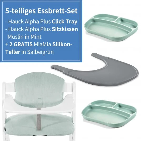 Hauck 5-tlg. Essbrett-Set für Alpha Plus - Click Tray + Sitzkissen + GRATIS 2x Silikon-Teller - Grey Muslin Mint 2 Hauck 5-tlg. Essbrett-Set für Alpha Plus - Click Tray + Sitzkissen + GRATIS 2x Silikon-Teller - Grey Muslin Mint – Bild 2