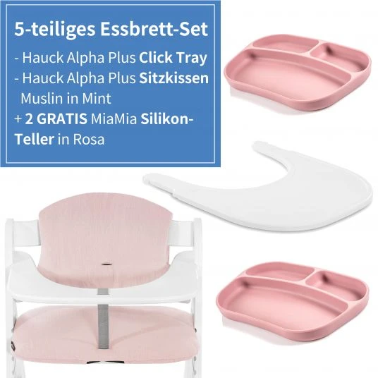 Hauck 5-tlg. Essbrett-Set für Alpha Plus - Click Tray + Sitzkissen + GRATIS 2x Silikon-Teller - White Muslin Rose 2 Hauck 5-tlg. Essbrett-Set für Alpha Plus - Click Tray + Sitzkissen + GRATIS 2x Silikon-Teller - White Muslin Rose – Bild 2