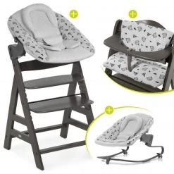 Hauck Alpha Charcoal Select Newborn Set - 4-tlg. Hochstuhl + Aufsatz & Wippe Premium (verstellbar) Nordic Grey + Sitzpolster