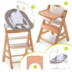 Hauck Alpha Move Natur Newborn Set - 5-tlg. Hochstuhl + Aufsatz & Wippe Deluxe, Essbrett, Sitzkissen - Sand