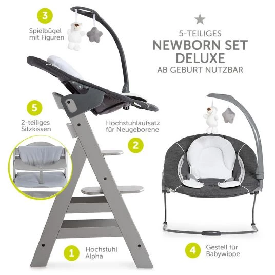 Hauck Alpha Plus Grau Newborn Set Deluxe - 4-tlg. Hochstuhl + Neugeborenenaufsatz Grey (Rückenlehne verstellbar) + Sitzkissen 2 Hauck Alpha Plus Grau Newborn Set Deluxe - 4-tlg. Hochstuhl + Neugeborenenaufsatz Grey (Rückenlehne verstellbar) + Sitzkissen – Bild 2