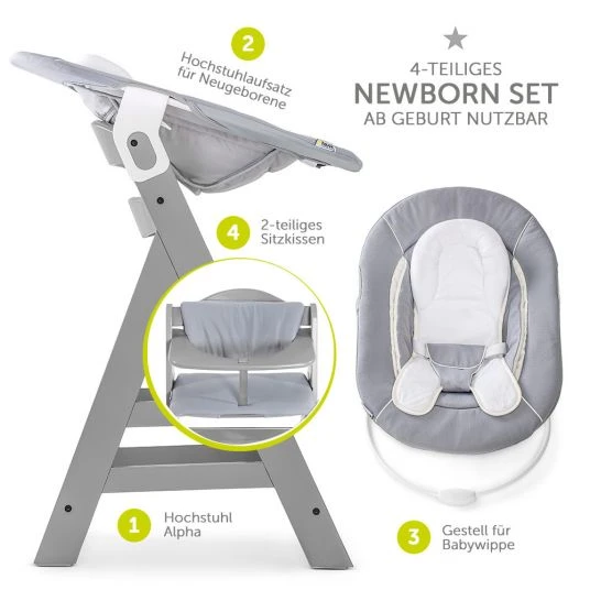 Hauck Alpha Plus Grey Newborn Set - 4-tlg. Hochstuhl + Neugeborenenaufsatz & Wippe Stretch Grey + Sitzkissen 2 Hauck Alpha Plus Grey Newborn Set - 4-tlg. Hochstuhl + Neugeborenenaufsatz & Wippe Stretch Grey + Sitzkissen – Bild 2