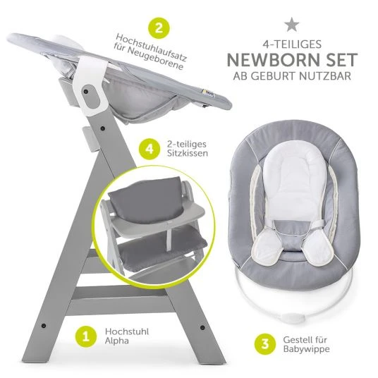 Hauck Alpha Plus Grey Newborn Set - 4-tlg. Hochstuhl + Neugeboreneneinsatz & Wippe Stretch Grey + Sitzpolster 2 Hauck Alpha Plus Grey Newborn Set - 4-tlg. Hochstuhl + Neugeboreneneinsatz & Wippe Stretch Grey + Sitzpolster – Bild 2