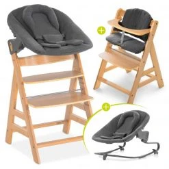 Hauck Alpha Plus Natur Newborn Set - 4-tlg. Hochstuhl + Aufsatz & Wippe Premium Jersey Charcoal + Sitzpolster
