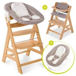 Hauck Alpha Plus Natur Newborn Set - 4-tlg. Hochstuhl + Neugeborenenaufsatz & Wippe Stretch Beige + Sitzkissen