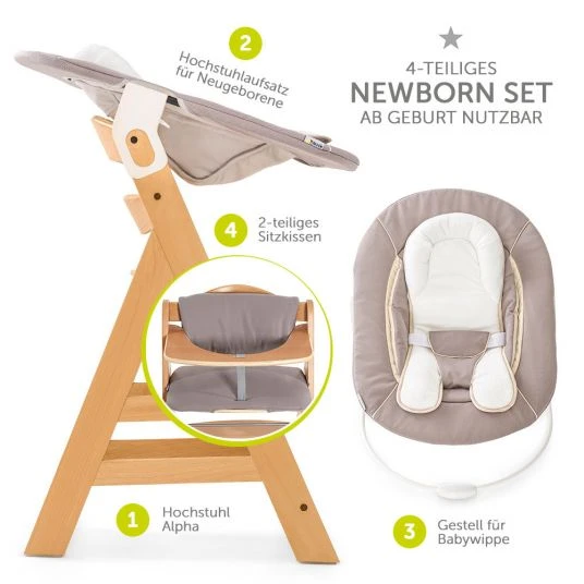 Hauck Alpha Plus Natur Newborn Set - 4-tlg. Hochstuhl + Neugeborenenaufsatz & Wippe Stretch Beige + Sitzkissen 2 Hauck Alpha Plus Natur Newborn Set - 4-tlg. Hochstuhl + Neugeborenenaufsatz & Wippe Stretch Beige + Sitzkissen – Bild 2