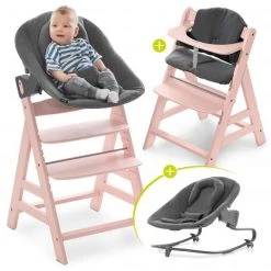 Hauck Alpha Plus Rose Newborn Set - 4-tlg. Hochstuhl + Aufsatz & Wippe Premium (verstellbar) Jersey Charcoal + Sitzpolster