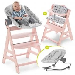 Hauck Alpha Plus Rose Newborn Set - 4-tlg. Hochstuhl + Aufsatz & Wippe Premium (verstellbar) Nordic Grey + Sitzpolster