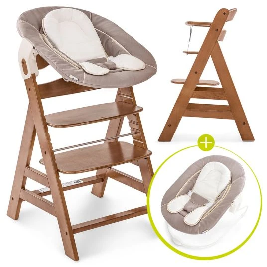 Hauck Alpha Plus Walnut Newborn Set - 3-tlg. Hochstuhl + Neugeboreneneinsatz & Wippe Stretch Beige 1 Hauck Alpha Plus Walnut Newborn Set - 3-tlg. Hochstuhl + Neugeboreneneinsatz & Wippe Stretch Beige