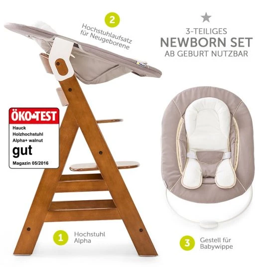Hauck Alpha Plus Walnut Newborn Set - 3-tlg. Hochstuhl + Neugeboreneneinsatz & Wippe Stretch Beige 2 Hauck Alpha Plus Walnut Newborn Set - 3-tlg. Hochstuhl + Neugeboreneneinsatz & Wippe Stretch Beige – Bild 2