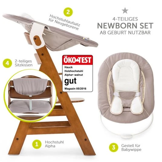 Hauck Alpha Plus Walnut Newborn Set - 4-tlg. Hochstuhl + Neugeborenenaufsatz & Wippe Stretch Beige + Sitzkissen 2 Hauck Alpha Plus Walnut Newborn Set - 4-tlg. Hochstuhl + Neugeborenenaufsatz & Wippe Stretch Beige + Sitzkissen – Bild 2