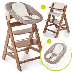 Hauck Alpha Plus Walnut Newborn Set - 4-tlg. Hochstuhl + Neugeboreneneinsatz & Wippe Stretch Beige + Sitzpolster