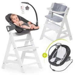 Hauck Alpha Plus Weiß Newborn Set Deluxe - 4-tlg. Hochstuhl + Neugeborenenaufsatz Sand (Rückenlehne verstellbar) + Sitzkissen