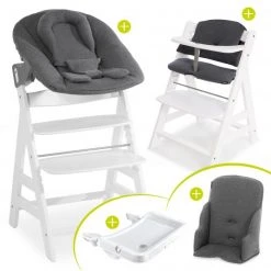 Hauck Alpha Plus Weiss XXL Newborn Set - Hochstuhl + 2in1 Aufsatz + Alpha Tray Essbrett + Zubehör - Jersey Charcoal