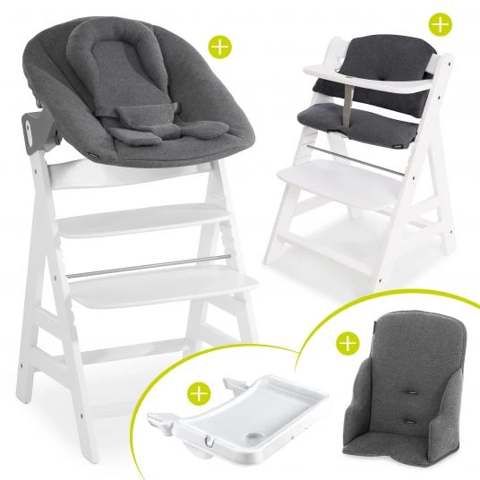 Hauck Alpha Plus Weiss XXL Newborn Set - Hochstuhl + 2in1 Aufsatz + Alpha Tray Essbrett + Zubehör - Jersey Charcoal 1 Hauck Alpha Plus Weiss XXL Newborn Set - Hochstuhl + 2in1 Aufsatz + Alpha Tray Essbrett + Zubehör - Jersey Charcoal