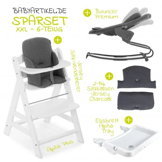 Hauck Alpha Plus Weiss XXL Newborn Set - Hochstuhl + 2in1 Aufsatz + Alpha Tray Essbrett + Zubehör - Jersey Charcoal 2 Hauck Alpha Plus Weiss XXL Newborn Set - Hochstuhl + 2in1 Aufsatz + Alpha Tray Essbrett + Zubehör - Jersey Charcoal – Bild 2