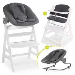 Hauck Alpha Plus White Newborn Set - 4-tlg. Hochstuhl + Aufsatz & Wippe Premium Jersey Charcoal + Sitzpolster