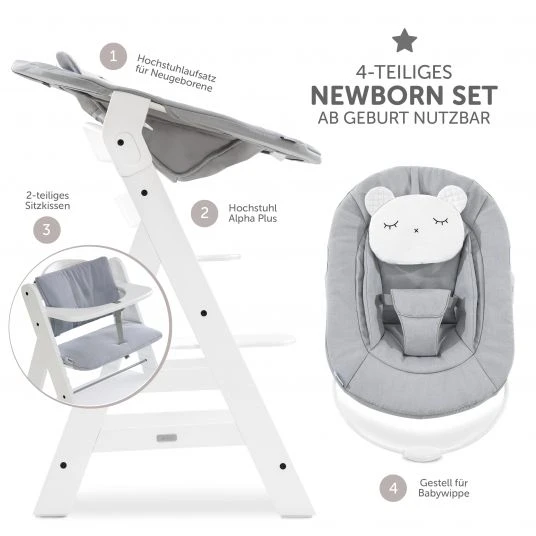 Hauck Alpha Plus White Newborn Set Pastell Bear - 4-tlg. Hochstuhl + Neugeborenenaufsatz + Sitzkissen Grey 3 Hauck Alpha Plus White Newborn Set Pastell Bear - 4-tlg. Hochstuhl + Neugeborenenaufsatz + Sitzkissen Grey – Bild 3