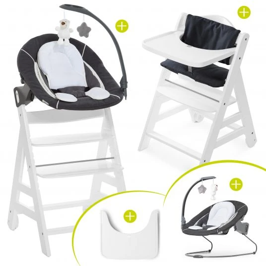 Hauck Beta Plus White Newborn Set - 5-tlg. Hochstuhl + Aufsatz & Wippe Deluxe, Essbrett, Sitzkissen - Melange Grey 1 Hauck Beta Plus White Newborn Set - 5-tlg. Hochstuhl + Aufsatz & Wippe Deluxe, Essbrett, Sitzkissen - Melange Grey