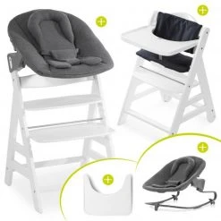 Hauck Beta Plus White Newborn Set - 5-tlg. Hochstuhl + Aufsatz & Wippe Premium, Essbrett, Sitzkissen - Jersey Charcoal