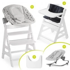 Hauck Beta Plus White Newborn Set - 5-tlg. Hochstuhl + Aufsatz & Wippe Premium, Essbrett, Sitzkissen - Nordic Grey