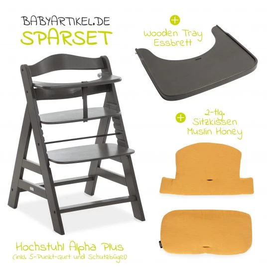 Hauck Hochstuhl Alpha Charcoal Selectline - im Sparset inkl. Holz-Essbrett und Sitzkissen Muslin Honey 2 Hauck Hochstuhl Alpha Charcoal Selectline - im Sparset inkl. Holz-Essbrett und Sitzkissen Muslin Honey – Bild 2