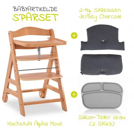 Hauck Hochstuhl Alpha Move Natur - im Sparset inkl. Essbrett, Sitzkissen Jersey Charcoal und 2x Silikonteller 2 Hauck Hochstuhl Alpha Move Natur - im Sparset inkl. Essbrett, Sitzkissen Jersey Charcoal und 2x Silikonteller – Bild 2