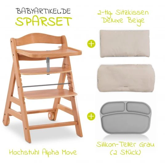 Hauck Hochstuhl Alpha Plus Move Natur - im Sparset inkl. Essbrett, Sitzkissen Deluxe Beige und 2x Silikonteller 2 Hauck Hochstuhl Alpha Plus Move Natur - im Sparset inkl. Essbrett, Sitzkissen Deluxe Beige und 2x Silikonteller – Bild 2