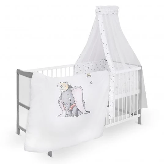 Jonka Babybett-Komplett-Set Moritz inkl. Bettwäsche, Himmel, Nestchen & Matratze 70x140 cm - BW Dumbo - Weiß Grau 1 Jonka Babybett-Komplett-Set Moritz inkl. Bettwäsche, Himmel, Nestchen & Matratze 70x140 cm - BW Dumbo - Weiß Grau