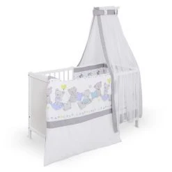 Jonka Babybett-Komplett-Set Sina inkl. Bettwäsche, Himmel, Nestchen & Matratze 60 x 120 cm - Kuschelbär - Weiß