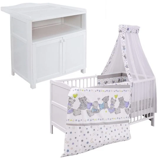 Jonka Kinderzimmer Sparset Mona mit Bett, Wickelkommode, Bettwäsche, Himmel,Nestchen, Matratze 70x140 cm - Kuschelbären - Weiß - Kollektion 2022 1 Jonka Kinderzimmer Sparset Mona mit Bett, Wickelkommode, Bettwäsche, Himmel,Nestchen, Matratze 70x140 cm - Kuschelbären - Weiß - Kollektion 2022