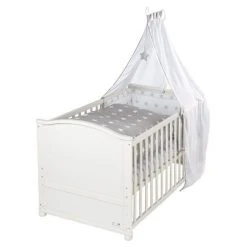 Roba Baby-Komplett-Bett Lukas inkl. Bettwäsche, Himmel, Himmelstange, Nestchen & Matratze Weiß 70 x 140 cm - Little Stars
