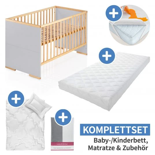 Schardt 7-tlg. Kinderbett Set & Matratze Air Allround, Steppbett 100x135+40x60, 2x Bettlaken, Einlage 70 x 140 cm - Natur Grau 1 Schardt 7-tlg. Kinderbett Set & Matratze Air Allround, Steppbett 100x135+40x60, 2x Bettlaken, Einlage 70 x 140 cm - Natur Grau