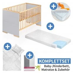 Schardt 7-tlg. Kinderbett Set & Matratze Bamboo, Steppbett 100x135+40x60, 2x Bettlaken, Einlage 70 x 140 cm - Natur Grau