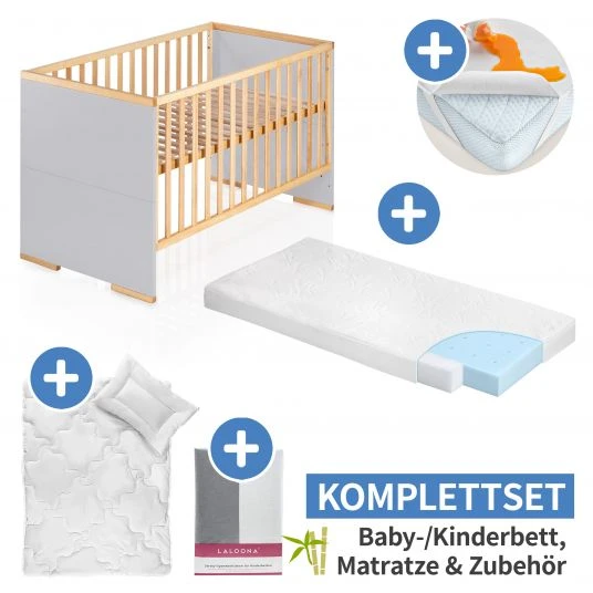Schardt 7-tlg. Kinderbett Set & Matratze Bamboo, Steppbett 100x135+40x60, 2x Bettlaken, Einlage 70 x 140 cm - Natur Grau 1 Schardt 7-tlg. Kinderbett Set & Matratze Bamboo, Steppbett 100x135+40x60, 2x Bettlaken, Einlage 70 x 140 cm - Natur Grau