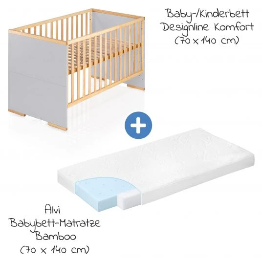 Schardt 7-tlg. Kinderbett Set & Matratze Bamboo, Steppbett 100x135+40x60, 2x Bettlaken, Einlage 70 x 140 cm - Natur Grau 2 Schardt 7-tlg. Kinderbett Set & Matratze Bamboo, Steppbett 100x135+40x60, 2x Bettlaken, Einlage 70 x 140 cm - Natur Grau – Bild 2