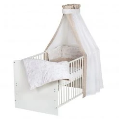 Schardt Babybett-Komplett-Set Classic-Line inkl. Bettwäsche, Himmel, Nestchen & Matratze Weiß 70 x 140 cm - Origami - Beige - Kollektion 2022